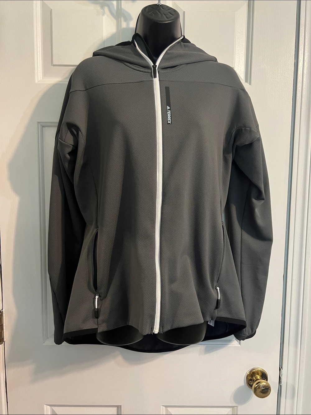 adidas Gray Hooded Full-Zip Fleece Lines Jacker with White Trim